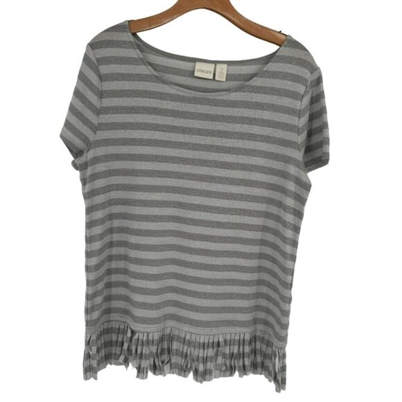 Chicos 2 Womens Size large Gray metallic Striped Short Sleeve Top fringed Hem - Picture 1 of 12